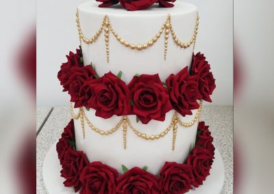 Wedding Cake - 2 tier - Red roses border with gold pearl decor