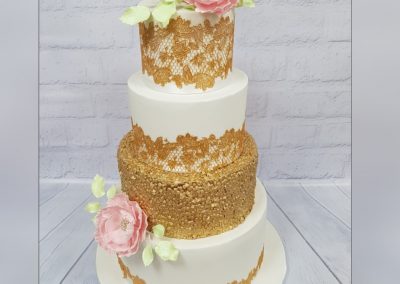 Wedding Cake - 4 tier - Gold decoration, pink and pale green leaves