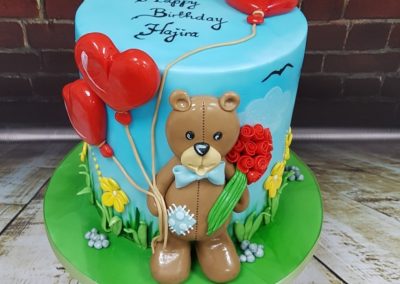 Birthday Cake - Teddy Bear with heart balloons