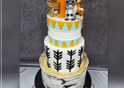 Birthday Cake - 3 tier - woodland fox, deer, black, gold and triangle top border