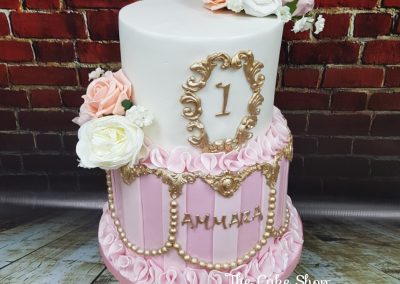 BIrthday Cake - 1st birthday - two tier - pink ribbons with gold pearl deco and flowers
