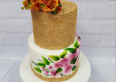 Wedding Cake - Two Tier - Gold glitter with painted flower base