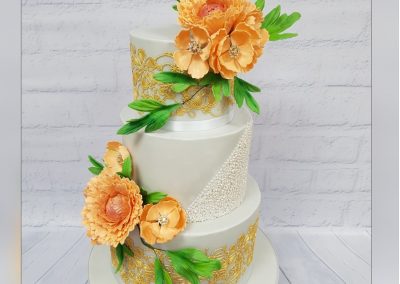 Wedding Cake - 3 Tier - Orange flowers with gold patterns