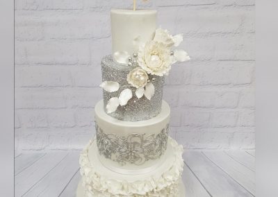 Wedding Cake - 4 tier - Just Married, Silver organza flowers with silver decor and silver glitter